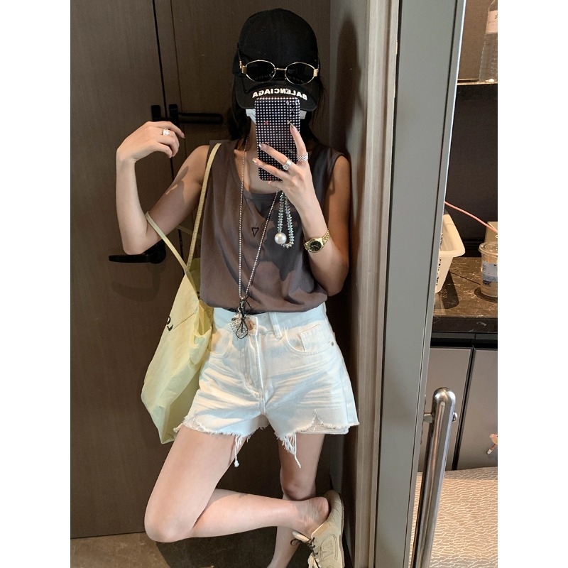 Ujjatlan mellény kerek nyakú, háromszög-hímzés, laza casual stílus, pamut-poliészter keverék, közepes hosszúságú