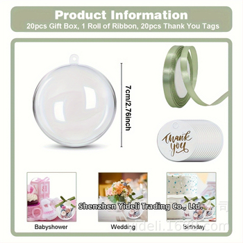 Kerek áttetsző műanyag ajándékdoboz köszönő címkékkel és szalagokkal