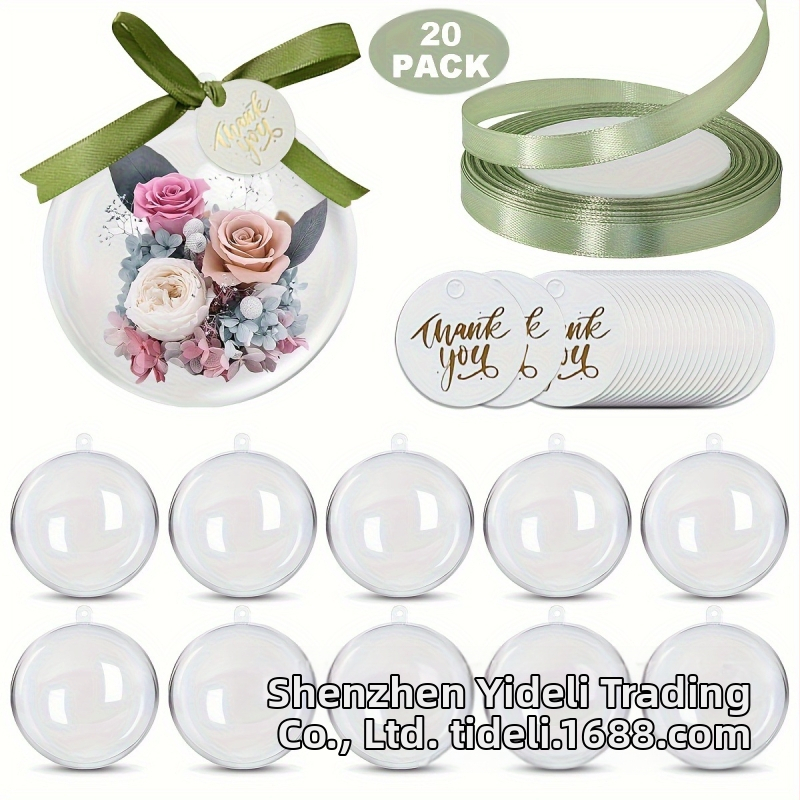 Kerek áttetsző műanyag ajándékdoboz köszönő címkékkel és szalagokkal