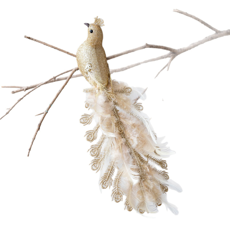 Karácsonyi dekoráció: ágacskán ülő kis madár imitált pávatollal; anyag: hab; Márka: Huiyin; Stílus: Modern Minimalista; Cikkszám: GJ290