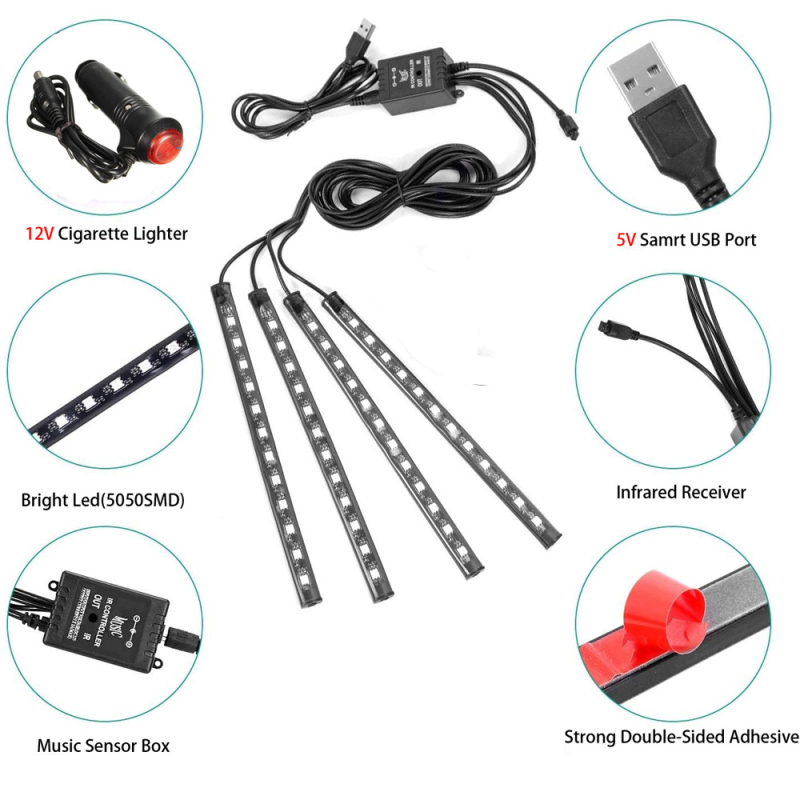 Μπαρ ατμοσφαιρικού φωτισμού ποδιών αυτοκινήτου, LED διαφανής σωλήνας, μοντέλο fwd-01, 12V, 5W