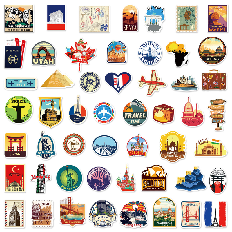 50 φύλλα αυτοκόλλητων για παγκόσμια ταξίδια – αδιάβροχα PVC αυτοκόλλητα για βαλίτσα, αυτοκίνητο, τετράδιο, skateboard και κινητό • μοντέρνο μινιμαλιστικό στυλ, εκτυπωμένα αυτοκόλλητα