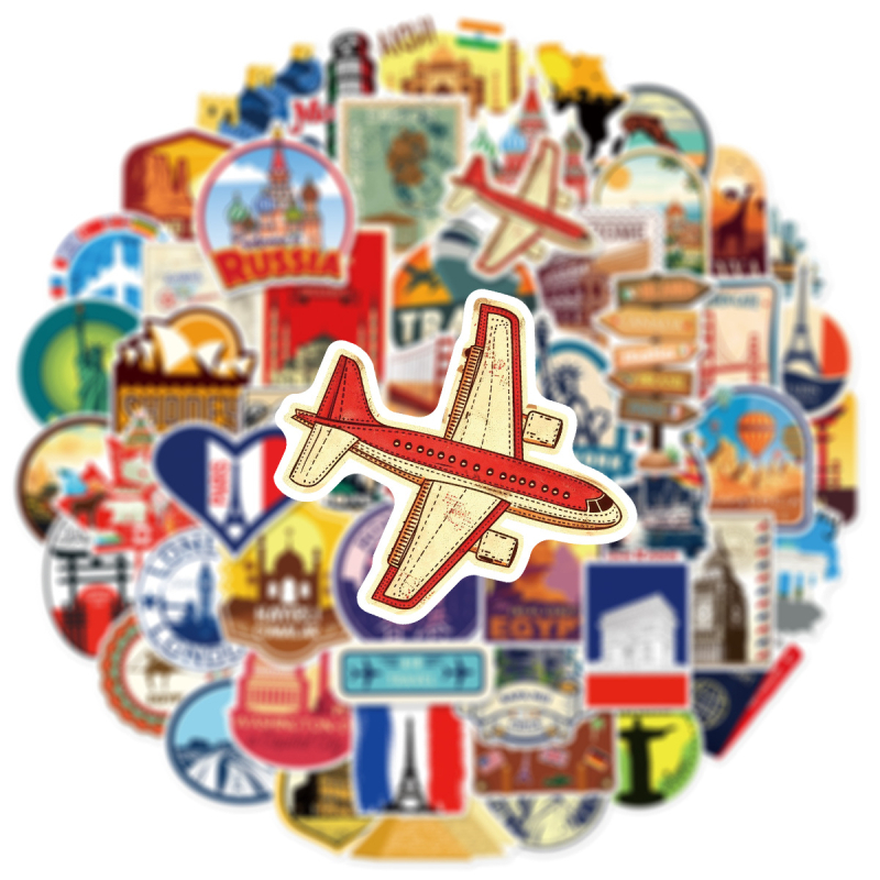 50 φύλλα αυτοκόλλητων για παγκόσμια ταξίδια – αδιάβροχα PVC αυτοκόλλητα για βαλίτσα, αυτοκίνητο, τετράδιο, skateboard και κινητό • μοντέρνο μινιμαλιστικό στυλ, εκτυπωμένα αυτοκόλλητα