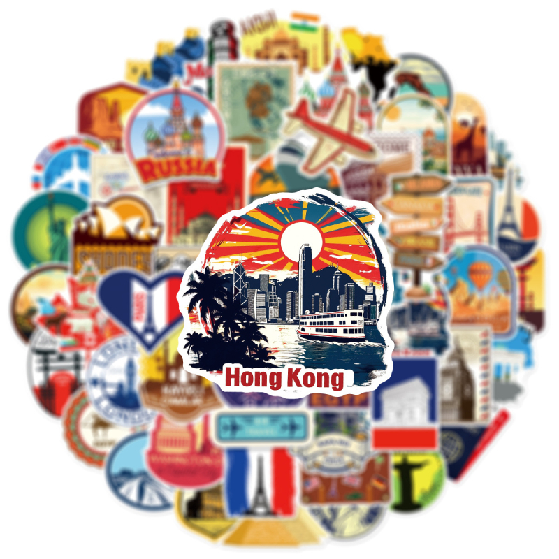 50 φύλλα αυτοκόλλητων για παγκόσμια ταξίδια – αδιάβροχα PVC αυτοκόλλητα για βαλίτσα, αυτοκίνητο, τετράδιο, skateboard και κινητό • μοντέρνο μινιμαλιστικό στυλ, εκτυπωμένα αυτοκόλλητα