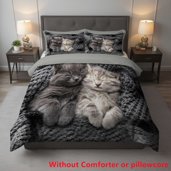 Trīsdaļīgs komplekts: gultas pārklājs ar kaķa karikatūras motīvu, digitālā druka, ķīmiskās šķiedras, ziemeļu stils