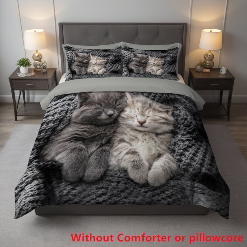 Trīsdaļīgs komplekts: gultas pārklājs ar kaķa karikatūras motīvu, digitālā druka, ķīmiskās šķiedras, ziemeļu stils