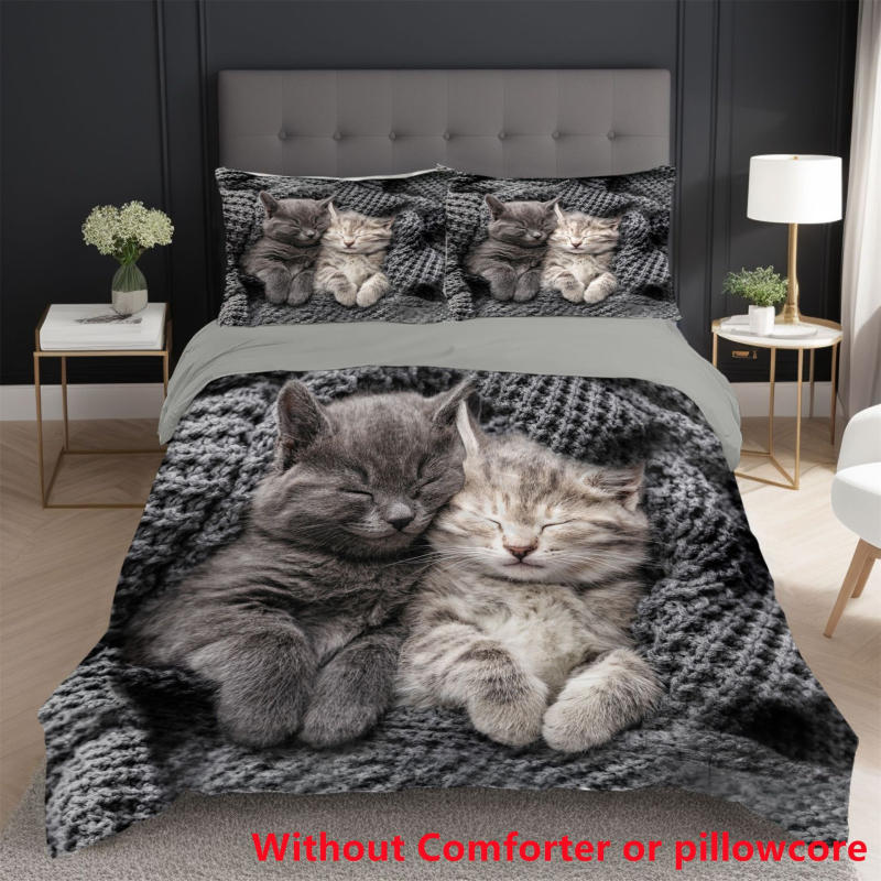 Trīsdaļīgs komplekts: gultas pārklājs ar kaķa karikatūras motīvu, digitālā druka, ķīmiskās šķiedras, ziemeļu stils