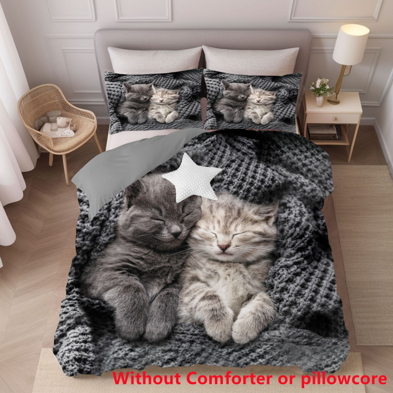 Trīsdaļīgs komplekts: gultas pārklājs ar kaķa karikatūras motīvu, digitālā druka, ķīmiskās šķiedras, ziemeļu stils