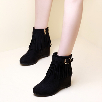 Γυναικείες μπότες αστραγάλου με φούντες (PU επάνω μέρος, στρογγυλή μύτη, χοντρό τακούνι, ύψος τακουνιού 6–8 cm, πλαϊνό φερμουάρ)