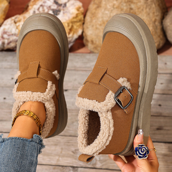 Дамски зимни slip-on обувки за сняг, без връзки, подплатени с изкуствен къс плюш, горна част от плат, кръгъл нос, подметка от PVC