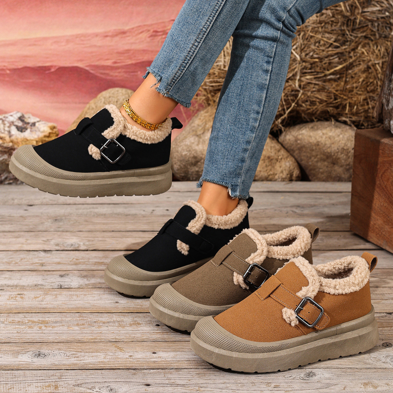 Дамски зимни slip-on обувки за сняг, без връзки, подплатени с изкуствен къс плюш, горна част от плат, кръгъл нос, подметка от PVC