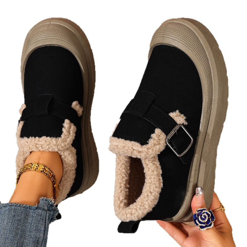 Дамски зимни slip-on обувки за сняг, без връзки, подплатени с изкуствен къс плюш, горна част от плат, кръгъл нос, подметка от PVC