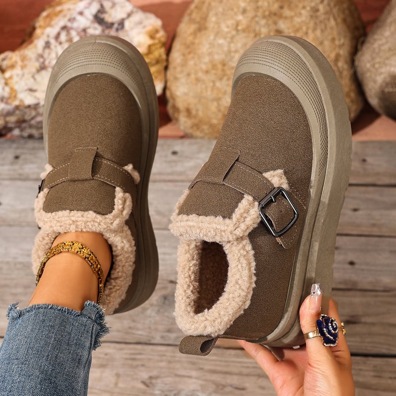 Дамски зимни slip-on обувки за сняг, без връзки, подплатени с изкуствен къс плюш, горна част от плат, кръгъл нос, подметка от PVC