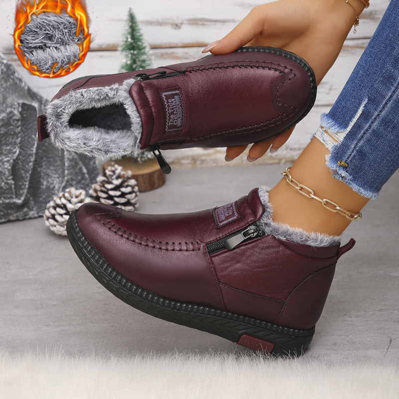 Sieviešu ziemas kurpes no mākslīgās ādas, PU zole, vidējā potītes augstums 8 cm, mākslīgā pūka iekšējā odere, apaļš purngals