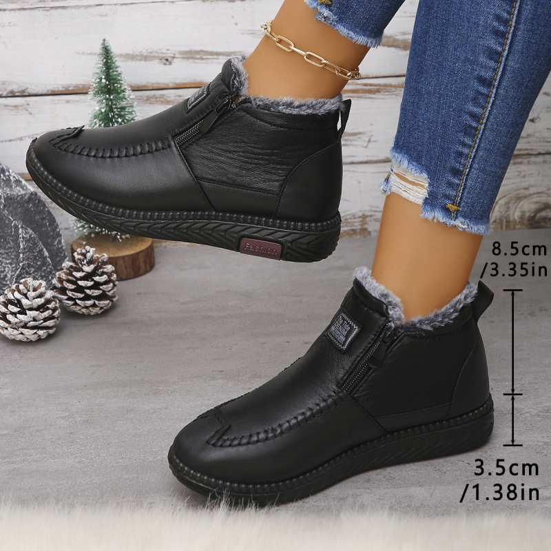 Sieviešu ziemas kurpes no mākslīgās ādas, PU zole, vidējā potītes augstums 8 cm, mākslīgā pūka iekšējā odere, apaļš purngals