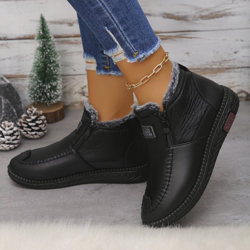 Sieviešu ziemas kurpes no mākslīgās ādas, PU zole, vidējā potītes augstums 8 cm, mākslīgā pūka iekšējā odere, apaļš purngals