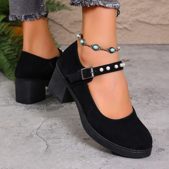 Γυναικείες Mary Jane παπούτσια με ψηλό τακούνι σε βρετανικό στυλ, PU επάνω μέρος, στρογγυλή μύτη, φαρδύς τακούνι 6–8 cm, κλείσιμο Velcro