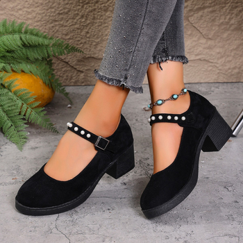 Γυναικείες Mary Jane παπούτσια με ψηλό τακούνι σε βρετανικό στυλ, PU επάνω μέρος, στρογγυλή μύτη, φαρδύς τακούνι 6–8 cm, κλείσιμο Velcro