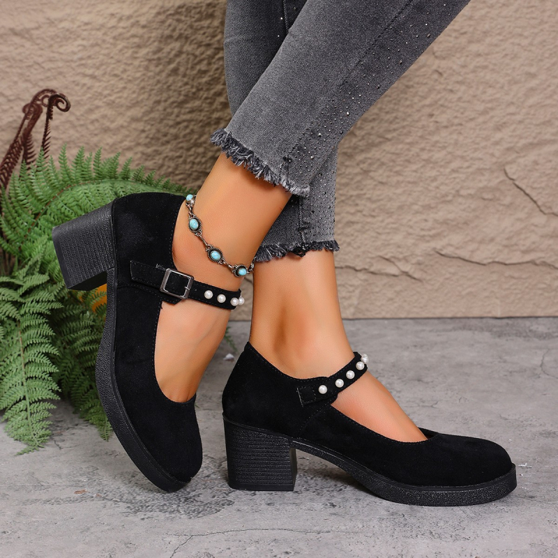 Ženske Mary Jane cipele s visokim potpeticama u britskom stilu, PU gornji dio, okrugla špička, debeli potpetica 6–8 cm, zatvarač na Velcro