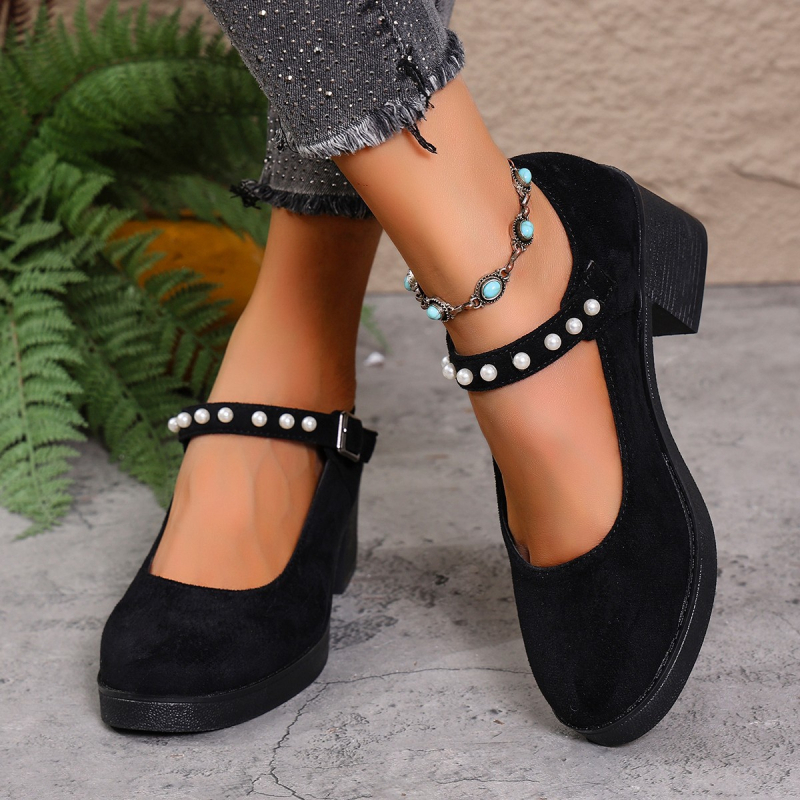 Ženske Mary Jane cipele s visokim potpeticama u britskom stilu, PU gornji dio, okrugla špička, debeli potpetica 6–8 cm, zatvarač na Velcro