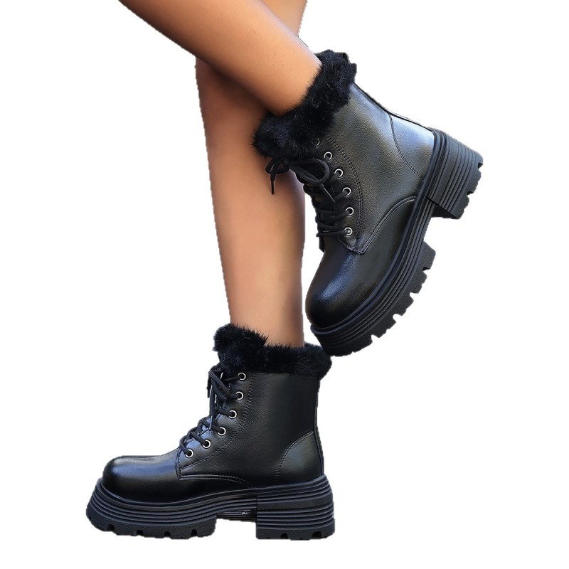 Дамски мартин ботуши за зима – топли обувки (Средна височина на ботуша, Кръгъл нос, PU горна част, Изкуствен пух в облицовката, Връзки отпред)