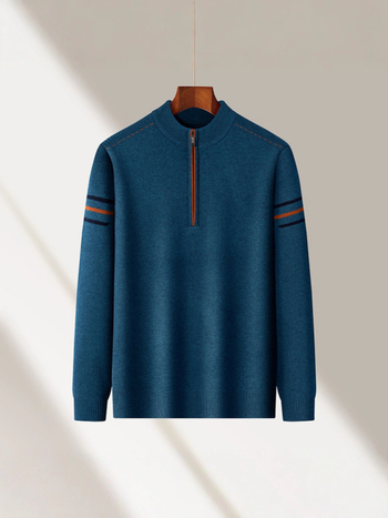 Пуловер с цип и стояща яка, райета, дебел плетен модел, свободна кройка, полиестерна тъкан