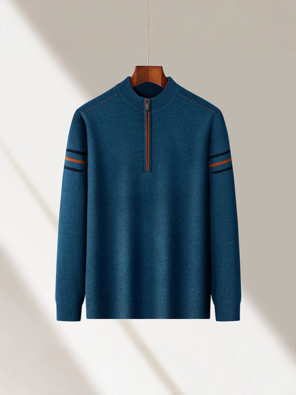 Zárható kötött pulóver cipzárral, áll-nyakkal, csíkos mintázat, vastag kötés, lazán szabott