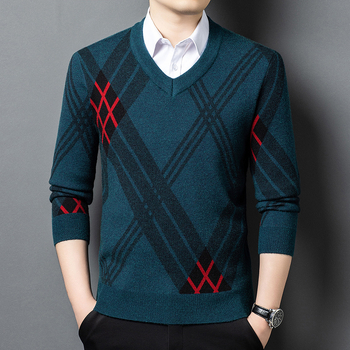 Мъжки пуловер от смесена вълна, свободен силует, V-образно деколте, дебел плет, ръбести кантове