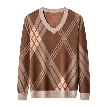 Мъжки пуловер от смесена вълна, свободен силует, V-образно деколте, дебел плет, ръбести кантове