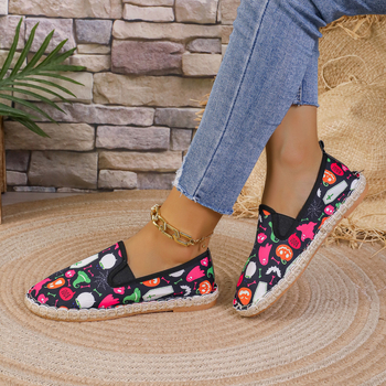 Unisex casual slip-on flats με στρογγυλή μύτη, καμβά επάνω, εκτύπωση λουλουδιών, PU πάτος, καουτσούκ σόλα