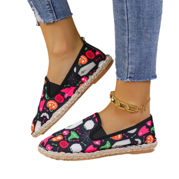 Unisex casual slip-on flats με στρογγυλή μύτη, καμβά επάνω, εκτύπωση λουλουδιών, PU πάτος, καουτσούκ σόλα