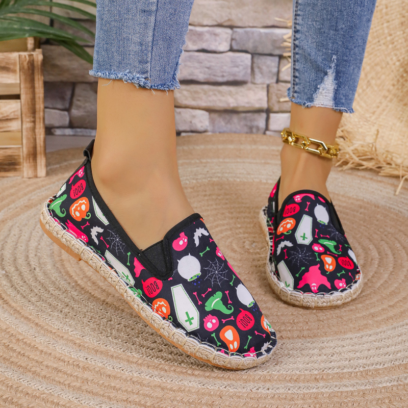 Pantofi slip-on casual unisex, vârf rotund, partea superioară din pânză, imprimeu floral, branț PU, talpă din cauciuc