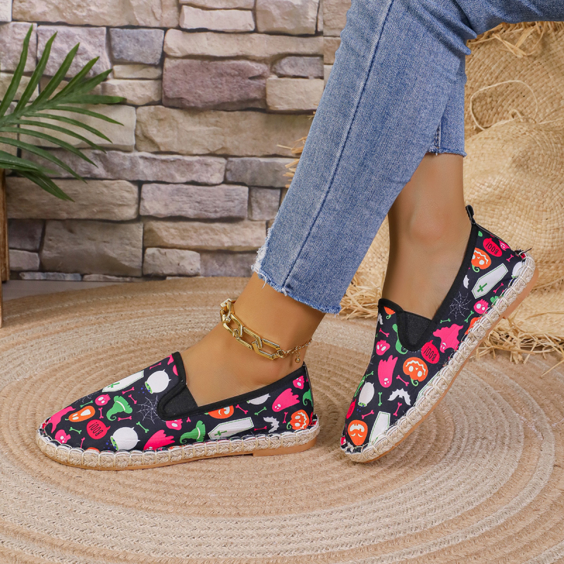 Pantofi slip-on casual unisex, vârf rotund, partea superioară din pânză, imprimeu floral, branț PU, talpă din cauciuc