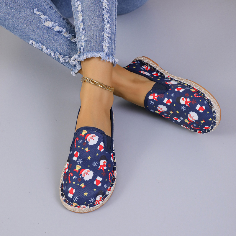 Pantofi slip-on casual unisex, vârf rotund, partea superioară din pânză, imprimeu floral, branț PU, talpă din cauciuc