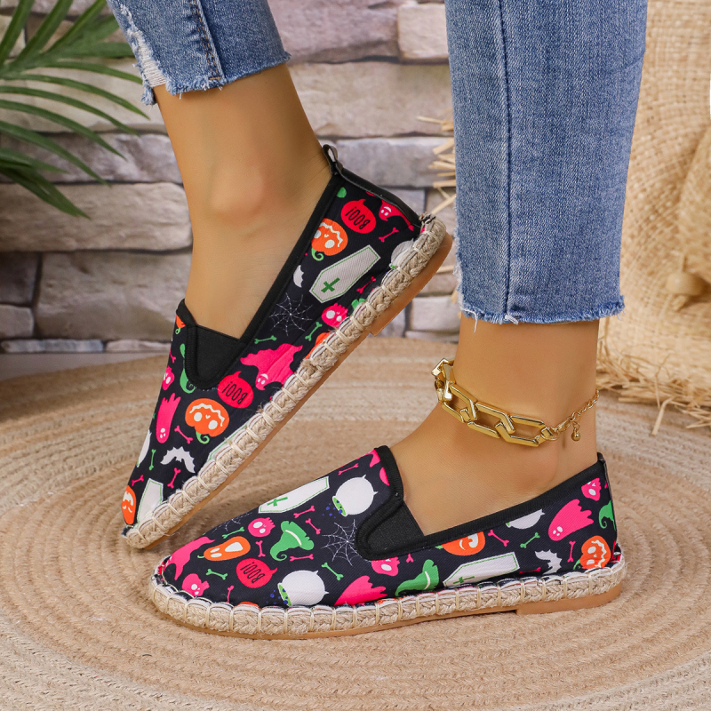 Pantofi slip-on casual unisex, vârf rotund, partea superioară din pânză, imprimeu floral, branț PU, talpă din cauciuc