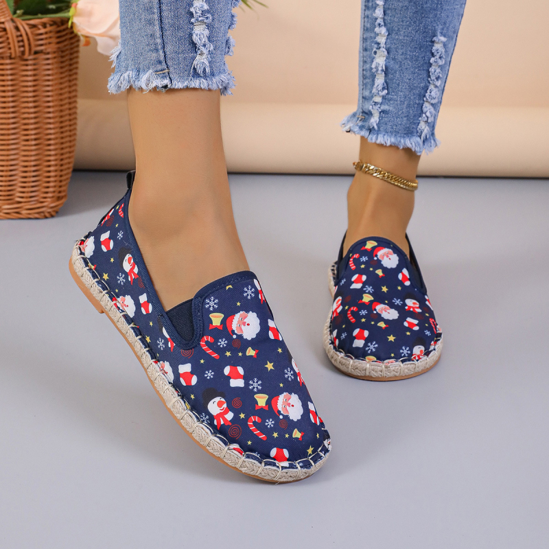 Pantofi slip-on casual unisex, vârf rotund, partea superioară din pânză, imprimeu floral, branț PU, talpă din cauciuc