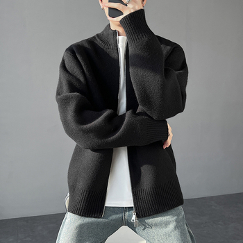 Мъжко плетено яке — кръгла яка, свободна кройка, акрилов бленд, средна плътност, есен 2025