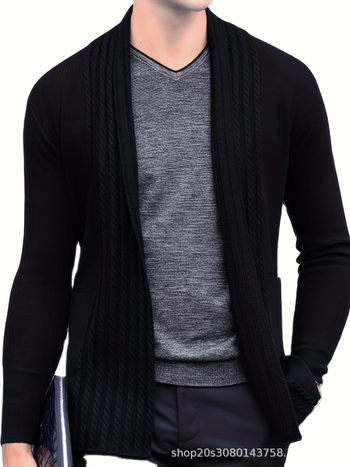 Muški kardigan srednje dužine, korejskog stila, pleteni, dugi rukavi, Turn-Down ovratnik, bez kopči