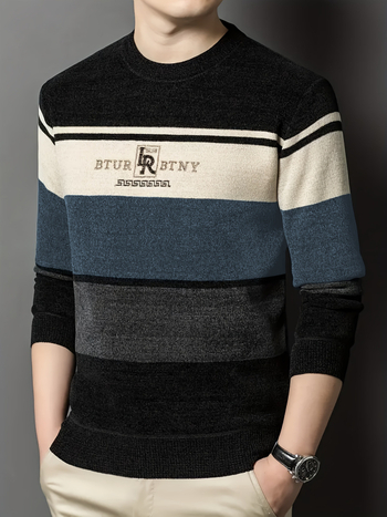Ανδρική πλεκτή μπλούζα με ριγέ χρωματικά μπλοκ – ζακάρντ πλέξιμο, στρογγυλός λαιμός, φαρδιά γραμμή, πολυεστέρας 100%
