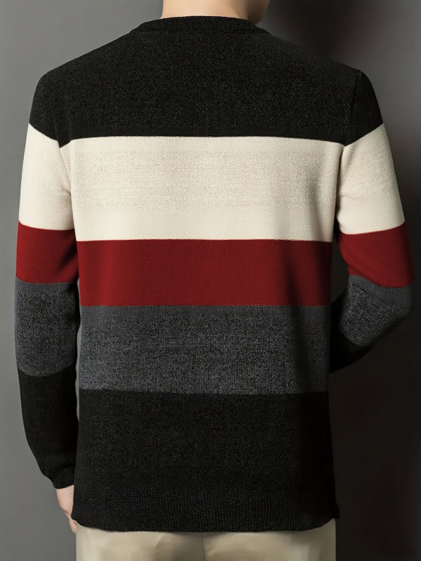 Férfi kötött felső csíkos színblokkokkal – jacquard kötés, kerek nyak, bő szabás, poliészter 100%