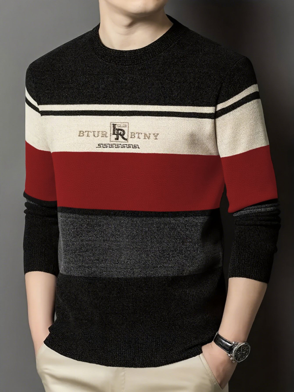 Férfi kötött felső csíkos színblokkokkal – jacquard kötés, kerek nyak, bő szabás, poliészter 100%