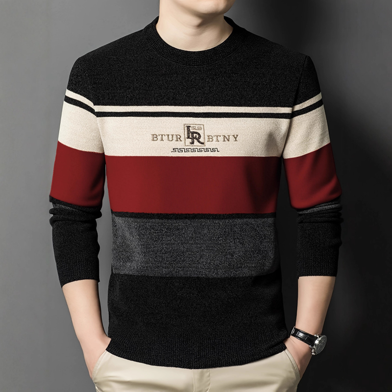 Férfi kötött felső csíkos színblokkokkal – jacquard kötés, kerek nyak, bő szabás, poliészter 100%