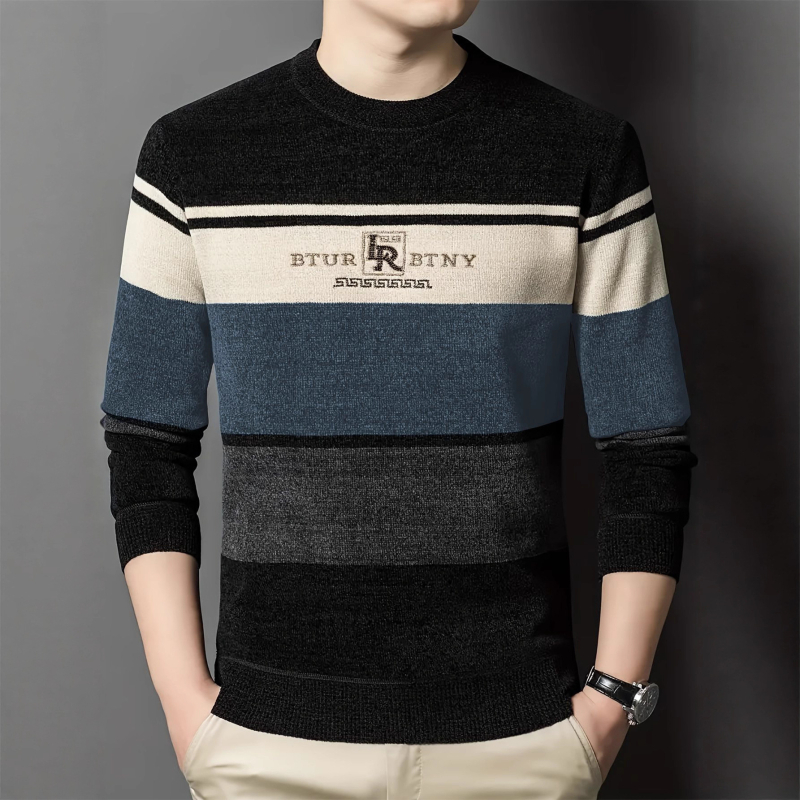 Férfi kötött felső csíkos színblokkokkal – jacquard kötés, kerek nyak, bő szabás, poliészter 100%