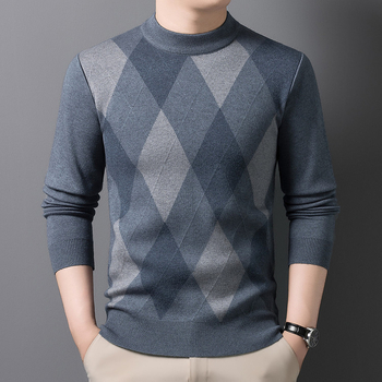 Ανδρικό πλεκτό πουλόβερ με κομψό ρετρό καρό ζακάρ μοτίβο, στενή γραμμή, ημιύψηλό γιακά, μακριά μανίκια, ριμπ τελείωμα