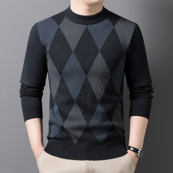 Ανδρικό πλεκτό πουλόβερ με κομψό ρετρό καρό ζακάρ μοτίβο, στενή γραμμή, ημιύψηλό γιακά, μακριά μανίκια, ριμπ τελείωμα