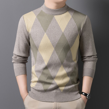 Ανδρικό πλεκτό πουλόβερ με κομψό ρετρό καρό ζακάρ μοτίβο, στενή γραμμή, ημιύψηλό γιακά, μακριά μανίκια, ριμπ τελείωμα