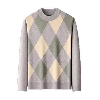 Ανδρικό πλεκτό πουλόβερ με κομψό ρετρό καρό ζακάρ μοτίβο, στενή γραμμή, ημιύψηλό γιακά, μακριά μανίκια, ριμπ τελείωμα