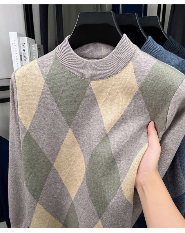 Pulover tricotat pentru bărbați cu model jacquard retro elegant, croială slim, guler semi-înalt, mâneci lungi, țesătură din amestec poliester