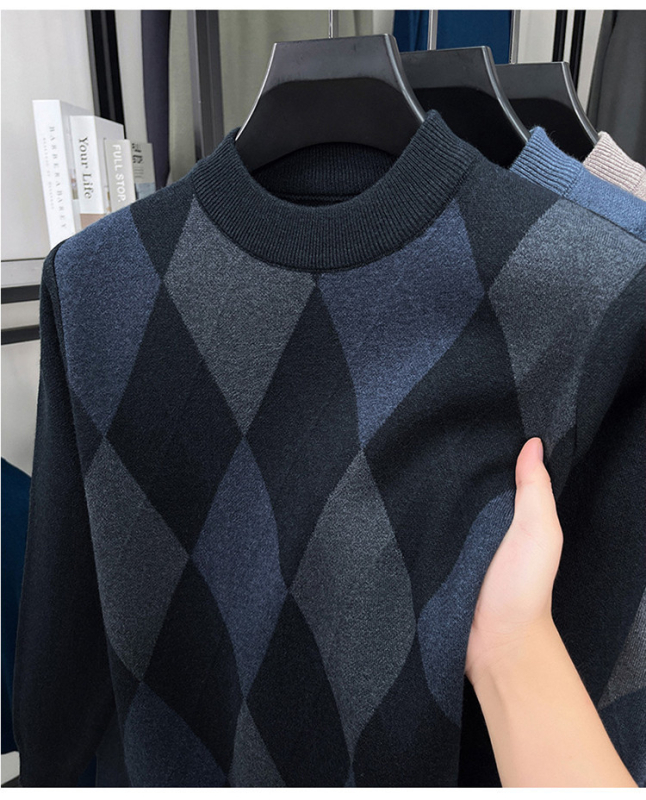 Pulover tricotat pentru bărbați cu model jacquard retro elegant, croială slim, guler semi-înalt, mâneci lungi, țesătură din amestec poliester