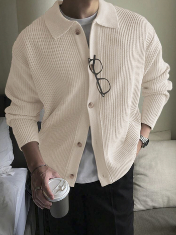 Кардиган с яка lapel – мъжки свободен крой, плетен материал, дълги ръкави